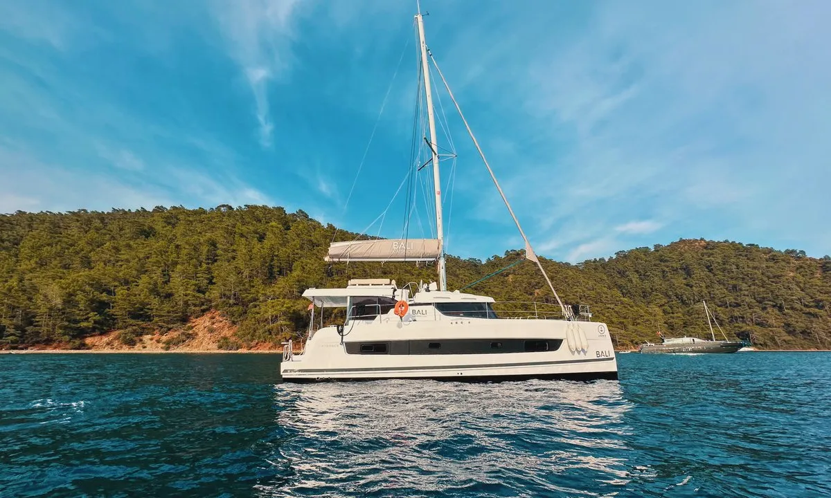 Exterior view of Jomo, a Bali Catspace catamaran at Fethiye, Turkey