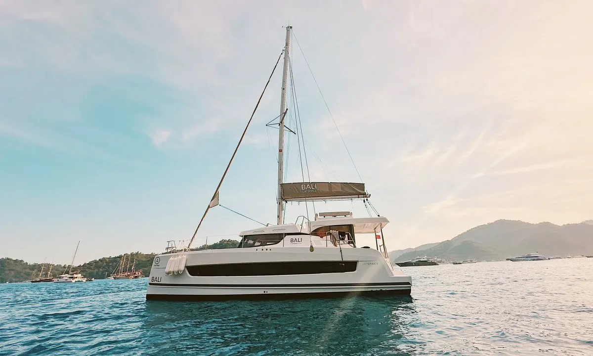 Exterior view of Jomo, a Bali Catspace catamaran at Fethiye, Turkey