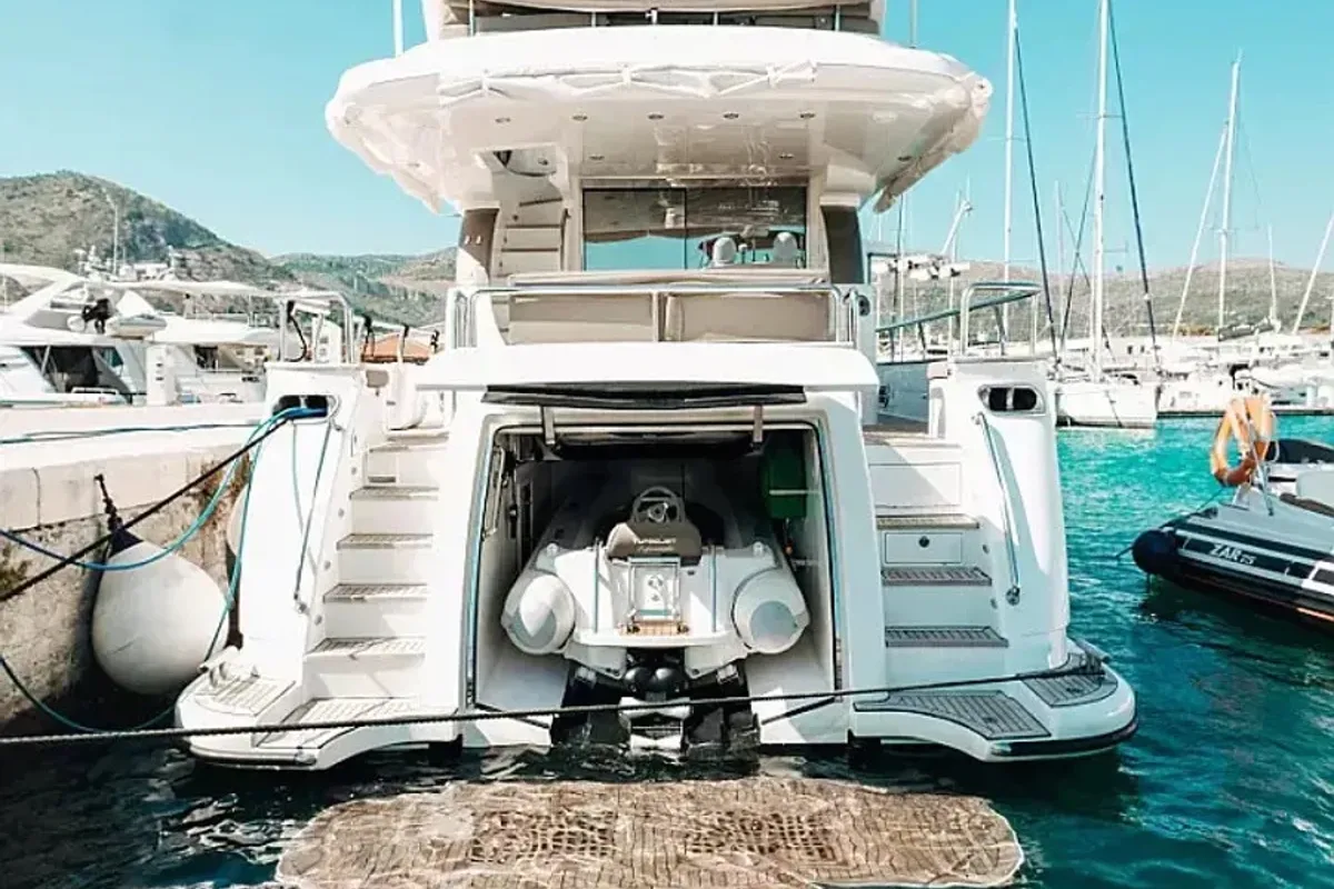Exterior view of Premium, a Elegance 60 Fly motor yacht at Općina Pakoštane, Croatia