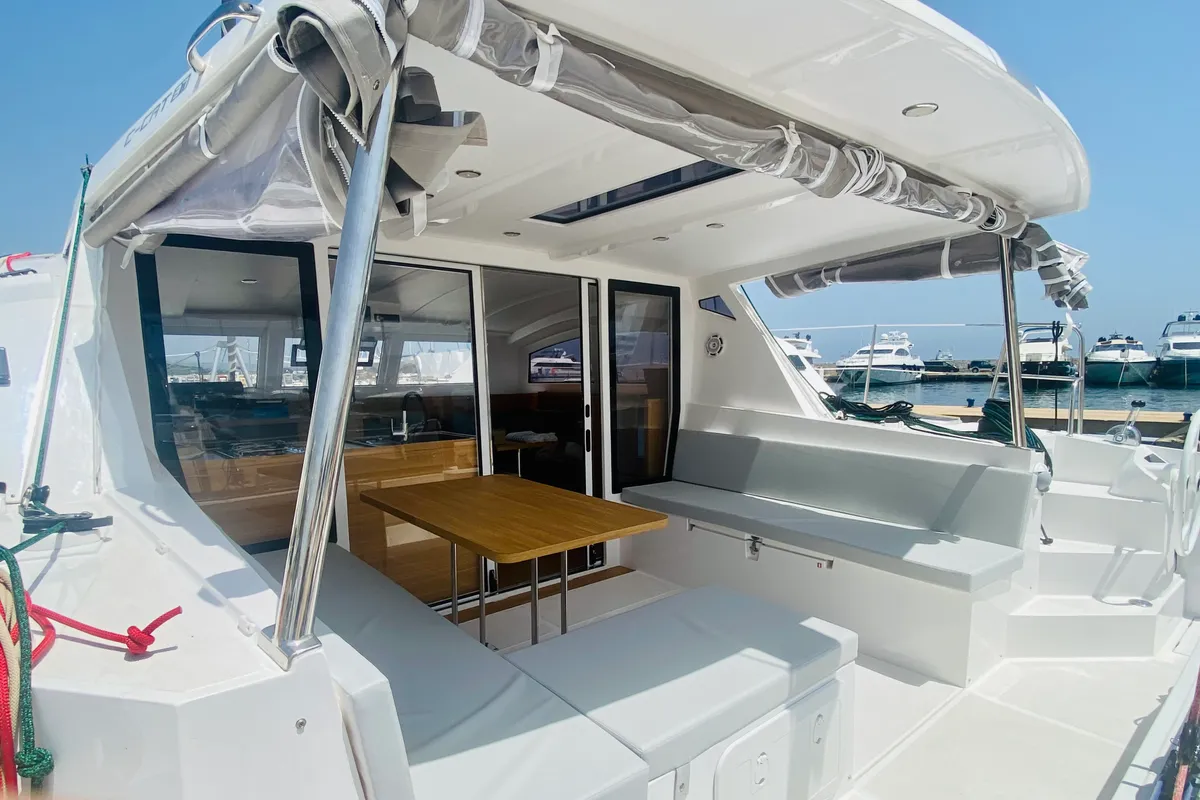Deck of Altair, a Gulet C-CAT 37 catamaran at Olbia, Italy