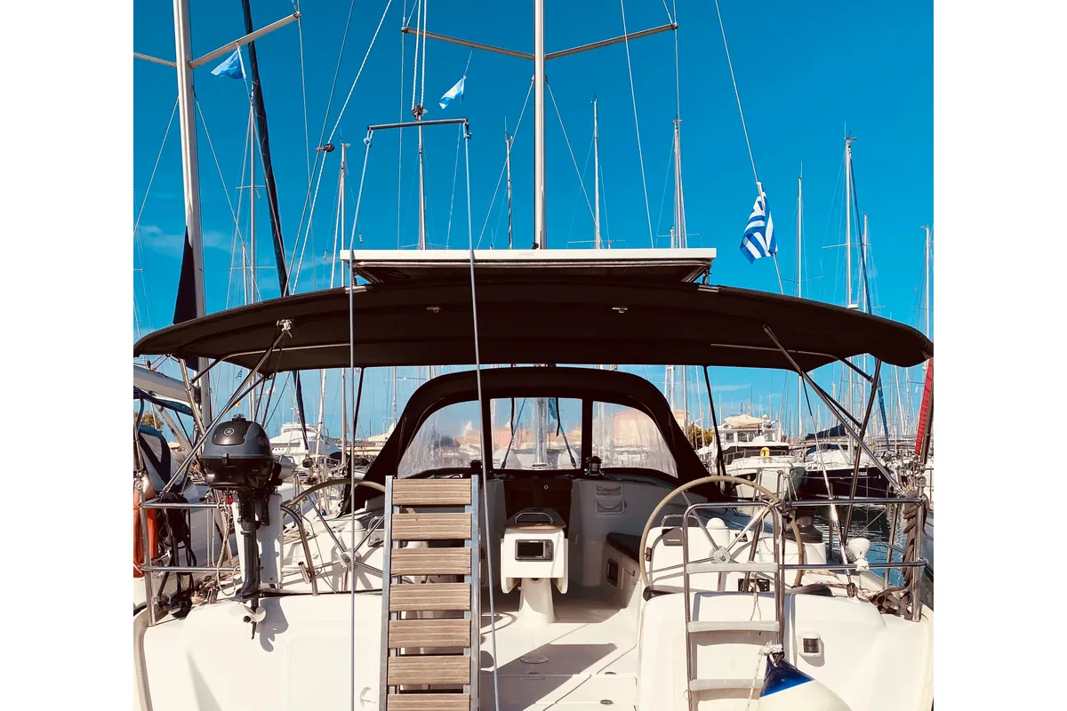 Cockpit of Christina (Pax 12) , a Beneteau Cyclades 50.5 sailboat at Municipal Unit of Lefkada, Greece