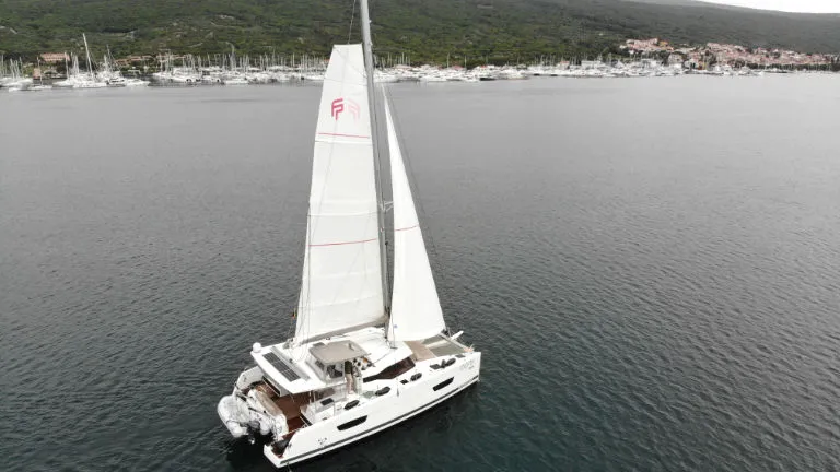 Exterior view of Idefix, a Fountaine Pajot Lucia 40 catamaran at Općina Rogoznica, Croatia