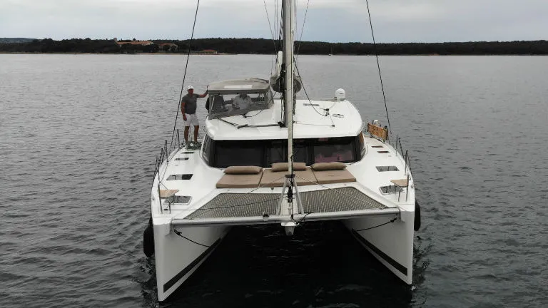 Exterior view of Idefix, a Fountaine Pajot Lucia 40 catamaran at Općina Rogoznica, Croatia