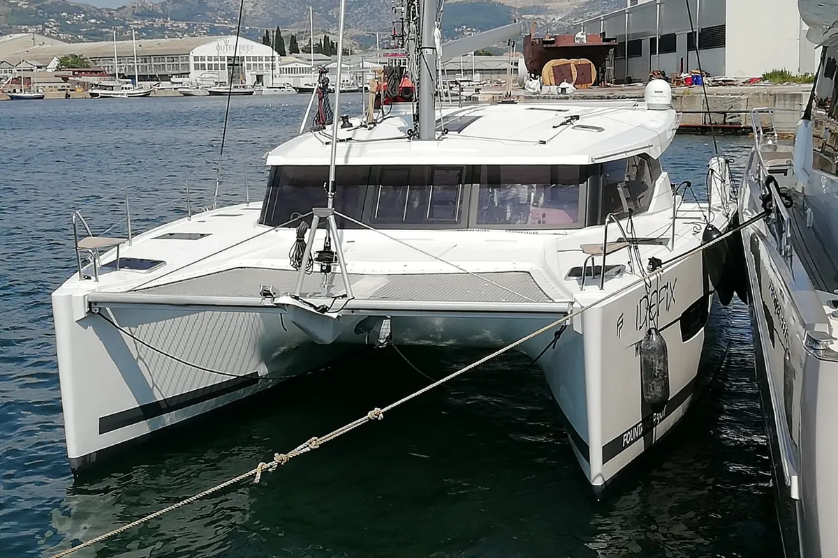 Exterior view of Idefix, a Fountaine Pajot Lucia 40 catamaran at Općina Rogoznica, Croatia