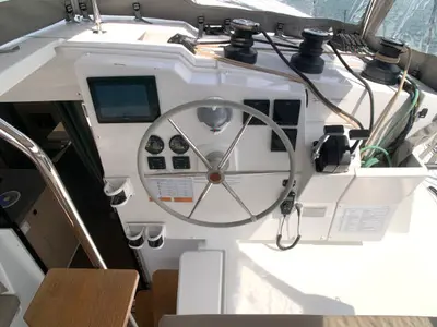 Cockpit of Idefix, a Fountaine Pajot Lucia 40 catamaran at Općina Rogoznica, Croatia