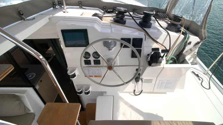 Cockpit of Idefix, a Fountaine Pajot Lucia 40 catamaran at Općina Rogoznica, Croatia