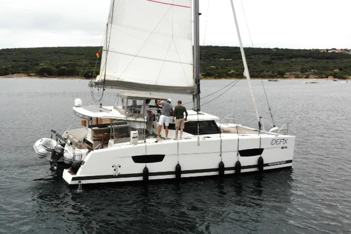 Exterior view of Idefix, a Fountaine Pajot Lucia 40 catamaran at Općina Rogoznica, Croatia