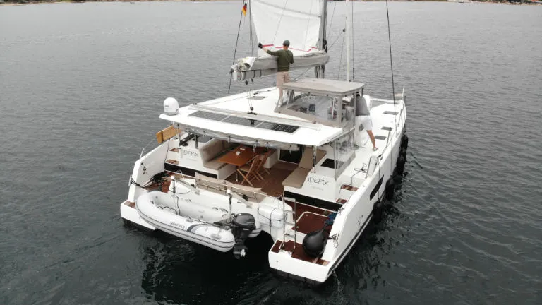 Exterior view of Idefix, a Fountaine Pajot Lucia 40 catamaran at Općina Rogoznica, Croatia