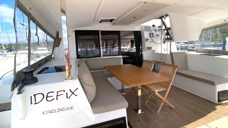 Deck of Idefix, a Fountaine Pajot Lucia 40 catamaran at Općina Rogoznica, Croatia