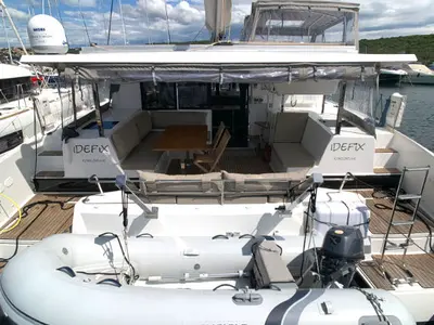 Deck of Idefix, a Fountaine Pajot Lucia 40 catamaran at Općina Rogoznica, Croatia