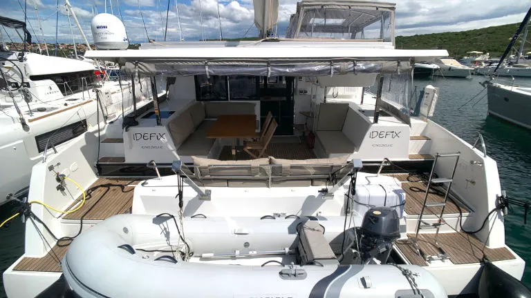 Deck of Idefix, a Fountaine Pajot Lucia 40 catamaran at Općina Rogoznica, Croatia