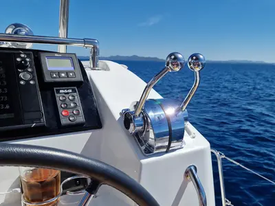 Cockpit of Vaiana, a Lagoon 40 catamaran at Punat, Croatia
