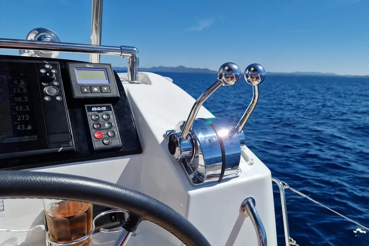 Cockpit of Vaiana, a Lagoon 40 catamaran at Punat, Croatia