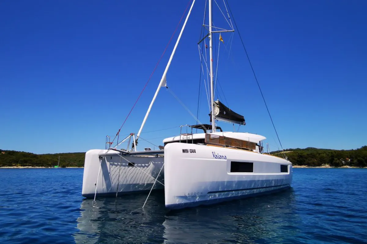 Exterior view of Vaiana, a Lagoon 40 catamaran at Punat, Croatia