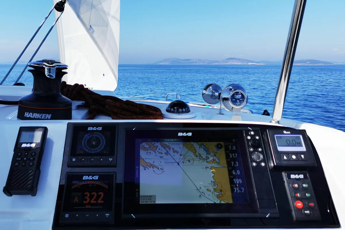 Cockpit of Vaiana, a Lagoon 40 catamaran at Punat, Croatia