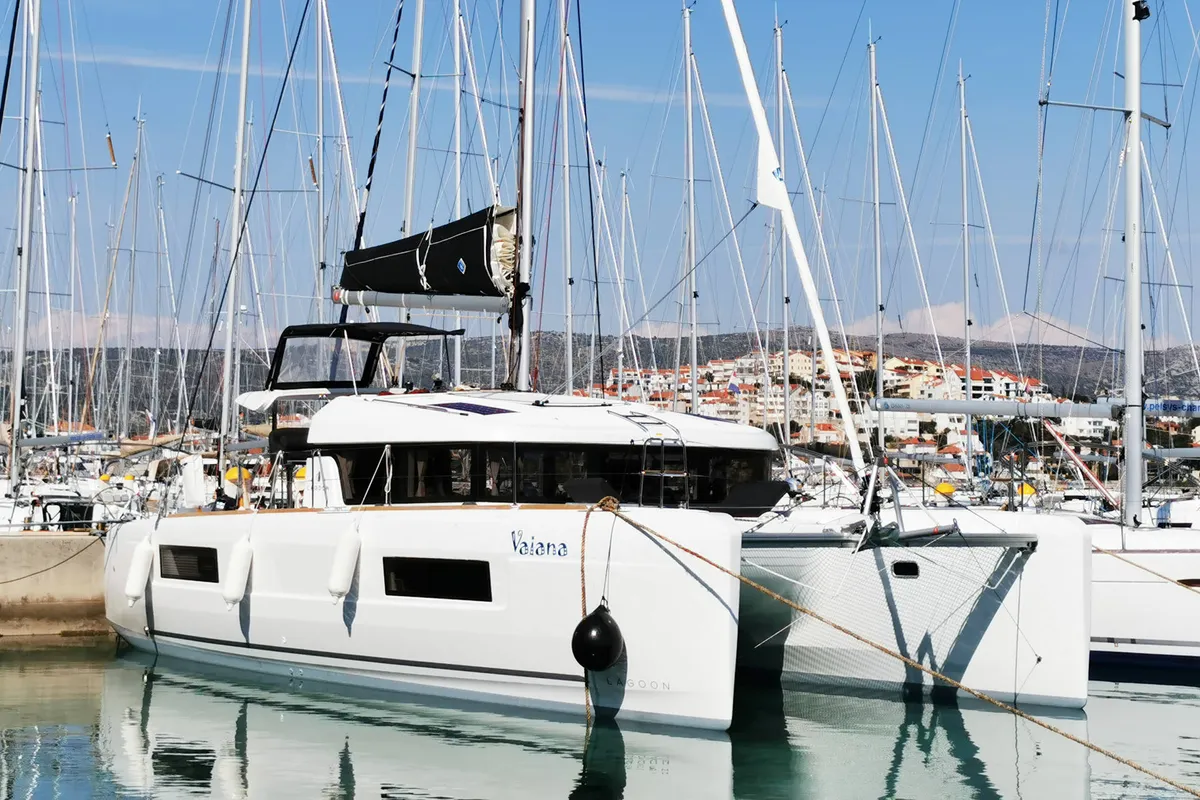 Exterior view of Vaiana, a Lagoon 40 catamaran at Punat, Croatia