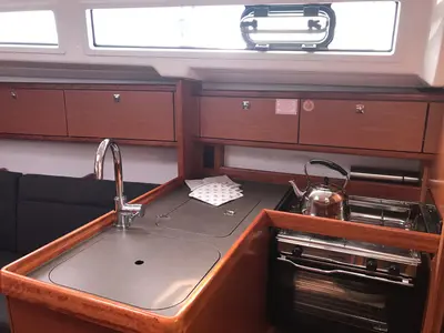 Galley of Pollux I, a Bavaria Cruiser 34 sailboat at Olbia, Italy