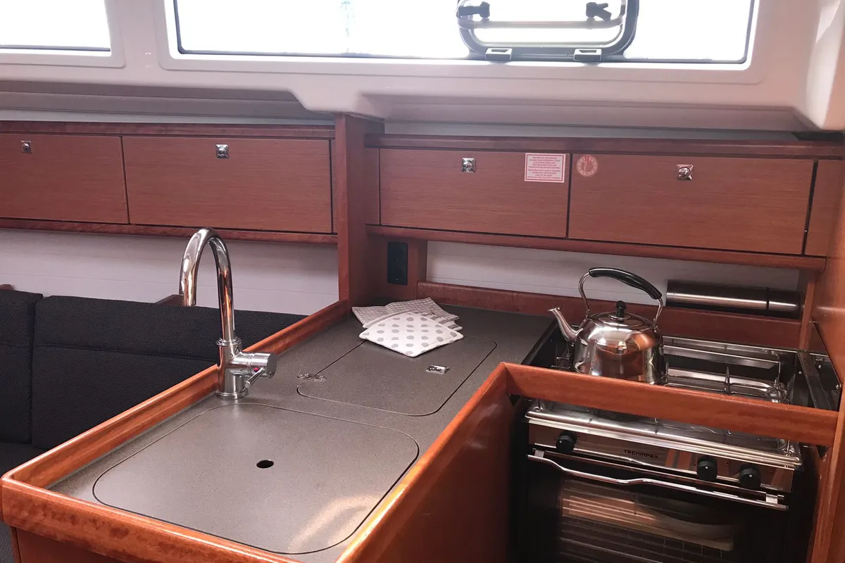 Galley of Pollux I, a Bavaria Cruiser 34 sailboat at Olbia, Italy