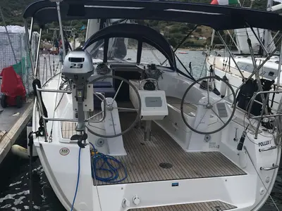 Cockpit of Pollux I, a Bavaria Cruiser 34 sailboat at Olbia, Italy
