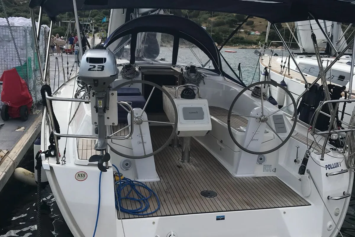 Cockpit of Pollux I, a Bavaria Cruiser 34 sailboat at Olbia, Italy