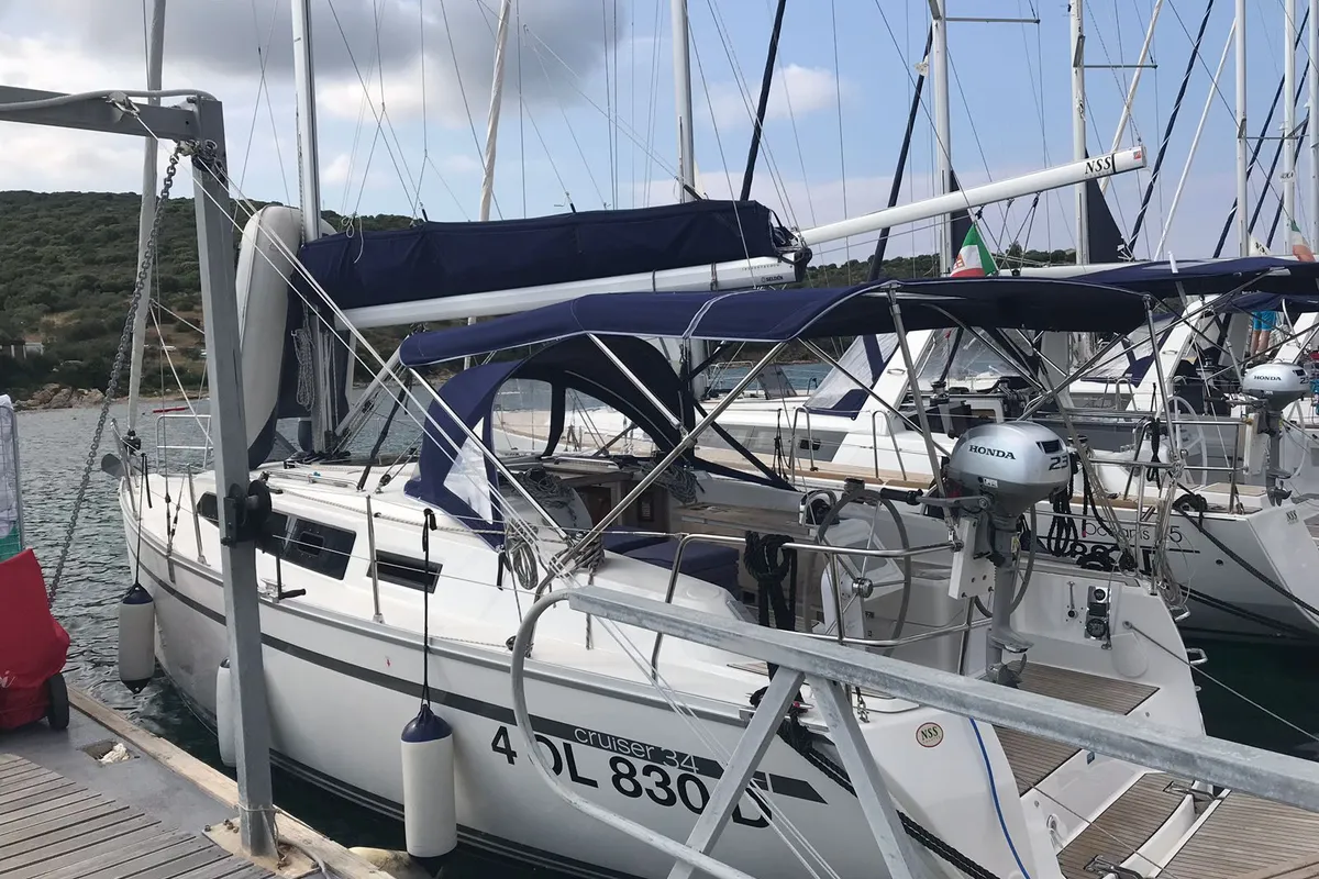 Exterior view of Pollux I, a Bavaria Cruiser 34 sailboat at Olbia, Italy