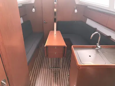 Salon of Pollux I, a Bavaria Cruiser 34 sailboat at Olbia, Italy