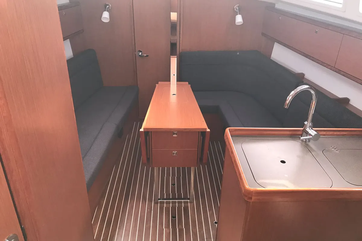 Salon of Pollux I, a Bavaria Cruiser 34 sailboat at Olbia, Italy