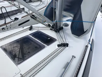 Deck of Pollux I, a Bavaria Cruiser 34 sailboat at Olbia, Italy