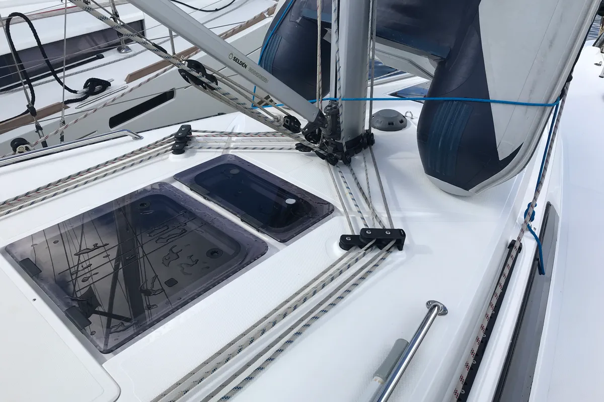 Deck of Pollux I, a Bavaria Cruiser 34 sailboat at Olbia, Italy