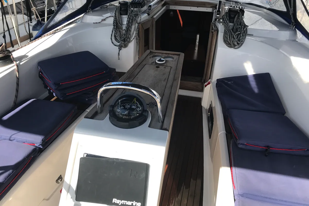 Cockpit of Pollux I, a Bavaria Cruiser 34 sailboat at Olbia, Italy
