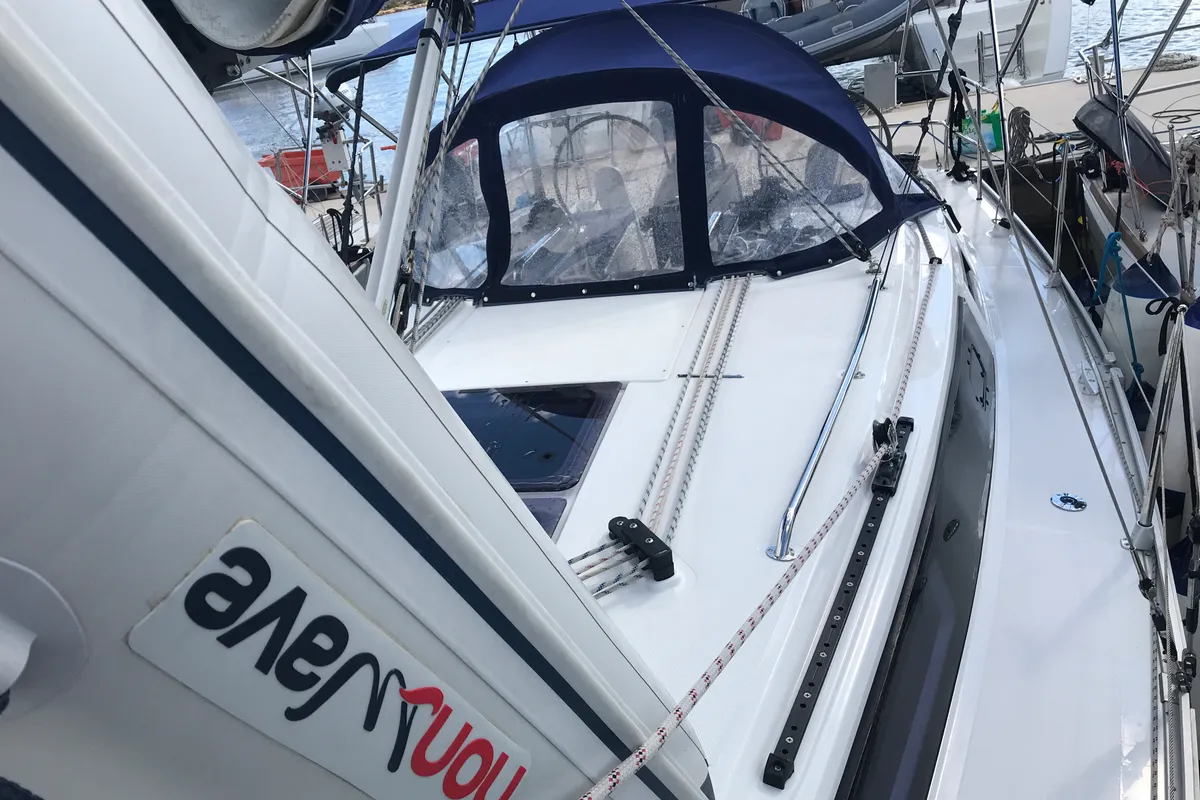 Deck of Pollux I, a Bavaria Cruiser 34 sailboat at Olbia, Italy