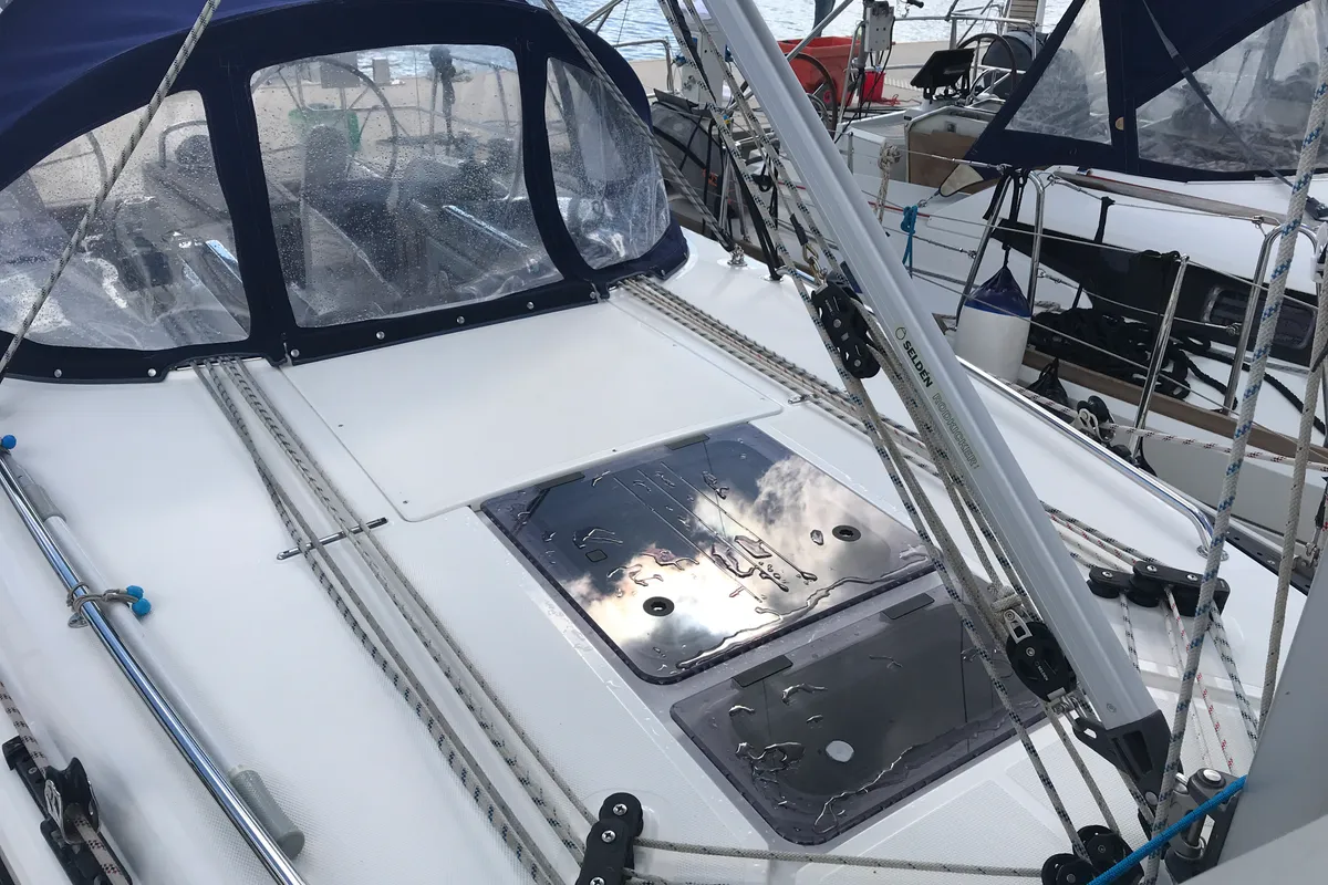 Deck of Pollux I, a Bavaria Cruiser 34 sailboat at Olbia, Italy