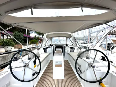 Cockpit of Dancefloor, a Beneteau Oceanis 38.1 sailboat at Fethiye, Turkey