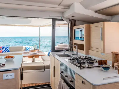 Galley of SIMBA, a Fountaine Pajot FP 44 catamaran at Kontokali, Greece