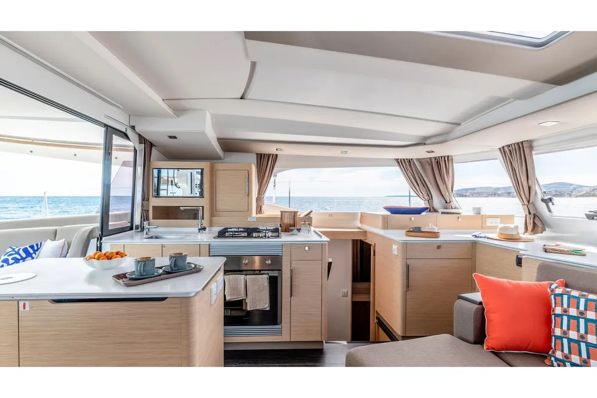 Galley of SIMBA, a Fountaine Pajot FP 44 catamaran at Kontokali, Greece