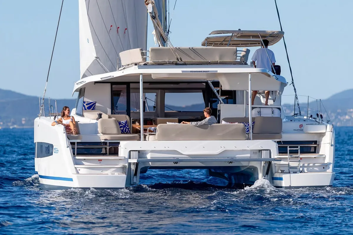 Exterior view of SIMBA, a Fountaine Pajot FP 44 catamaran at Kontokali, Greece