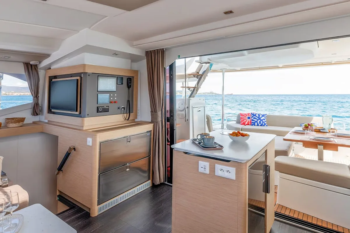 Salon of SIMBA, a Fountaine Pajot FP 44 catamaran at Kontokali, Greece