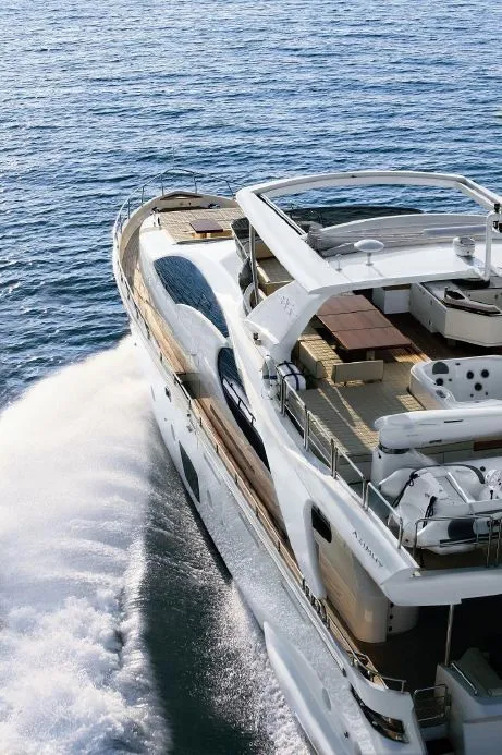 Exterior view of La Fenice, a Azimut 85F motor yacht at Kontokali, Greece