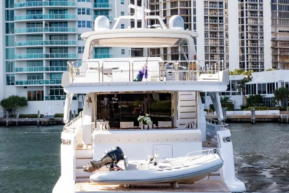 Exterior view of La Fenice, a Azimut 85F motor yacht at Kontokali, Greece