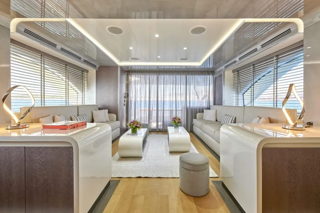 Salon of La Fenice, a Azimut 85F motor yacht at Kontokali, Greece