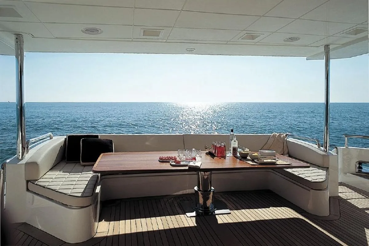 Deck of La Fenice, a Azimut 85F motor yacht at Kontokali, Greece