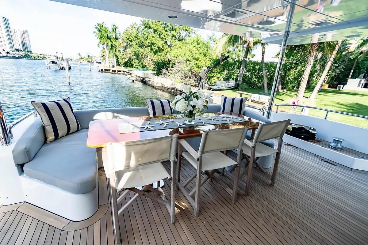 Deck of La Fenice, a Azimut 85F motor yacht at Kontokali, Greece