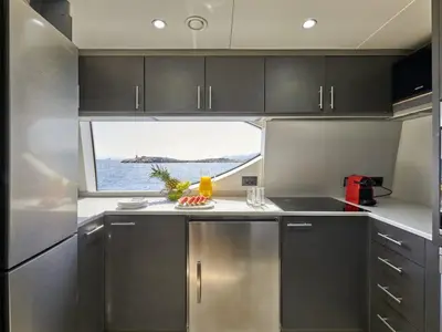 Galley of La Fenice, a Azimut 85F motor yacht at Kontokali, Greece