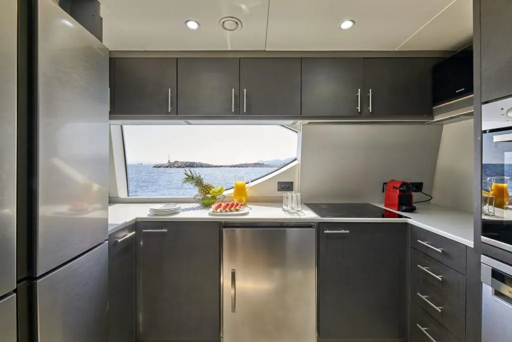 Galley of La Fenice, a Azimut 85F motor yacht at Kontokali, Greece
