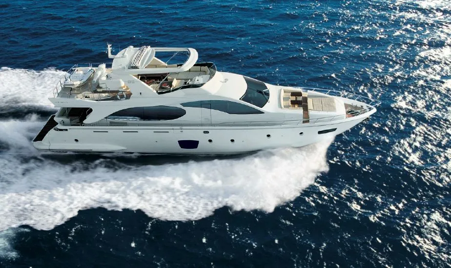 Exterior view of La Fenice, a Azimut 85F motor yacht at Kontokali, Greece
