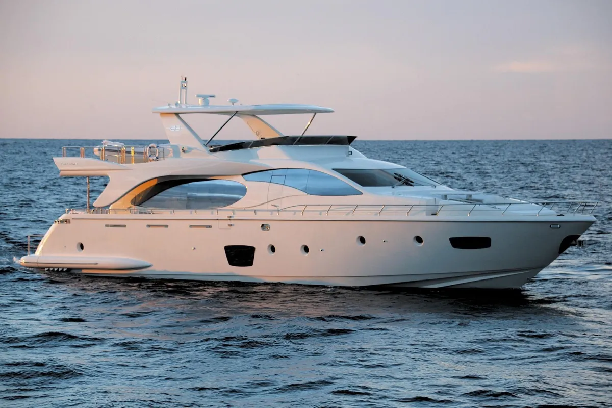 Exterior view of La Fenice, a Azimut 85F motor yacht at Kontokali, Greece
