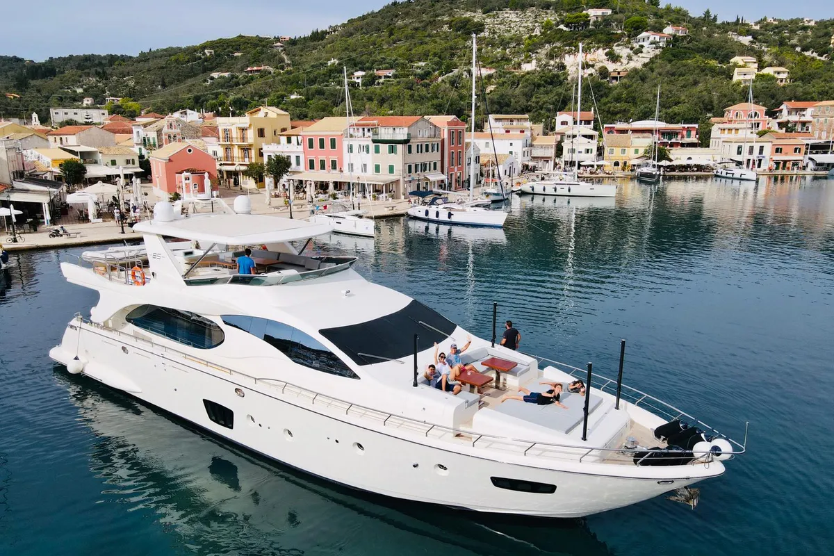 Exterior view of La Fenice, a Azimut 85F motor yacht at Kontokali, Greece