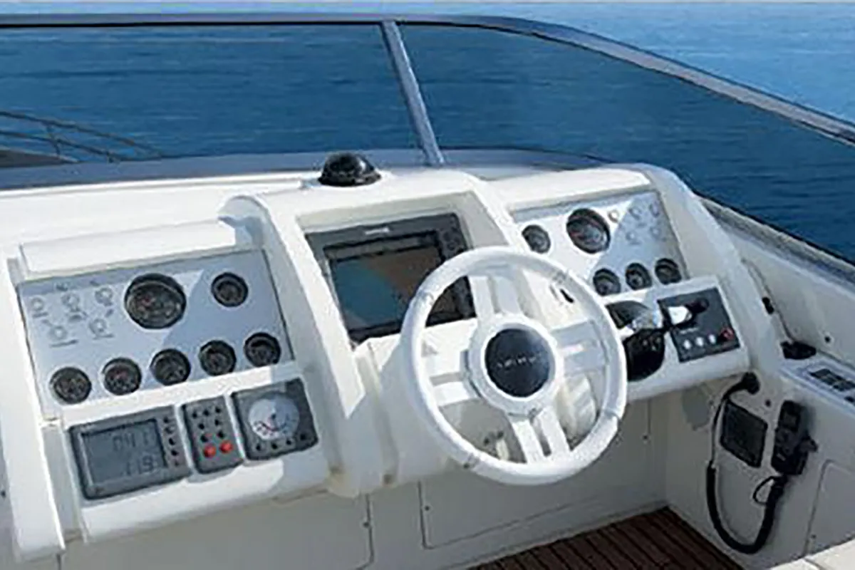 Cockpit of La Fenice, a Azimut 85F motor yacht at Kontokali, Greece