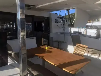 Deck of Ines, a Fountaine Pajot Lucia 40 catamaran at Olbia, Italy
