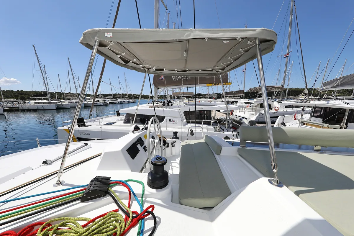 Cockpit of Mademoiselle, a Bali 4.2 catamaran at Općina Rogoznica, Croatia